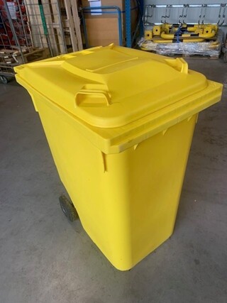2x Vuilnisbakken op wielen (Kliko) Schaefershop, 300 l, geel, bouwjaar